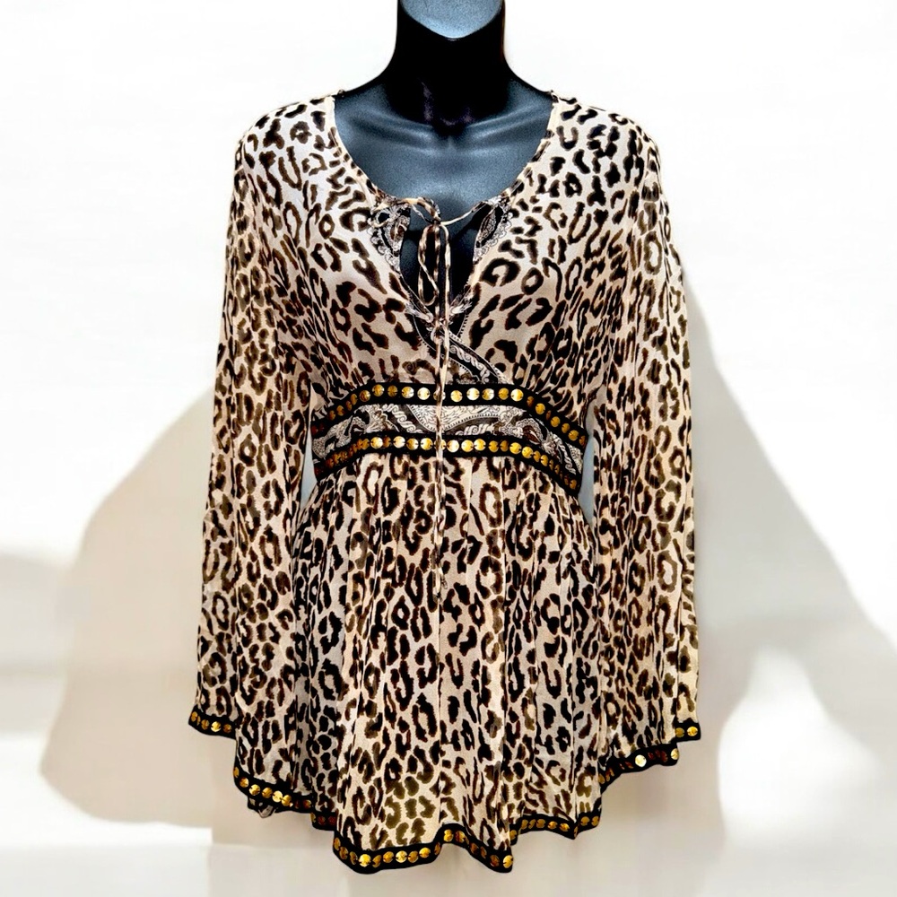 TRACY REESE Brown Silk Animal Print Sheer Top Sz 10